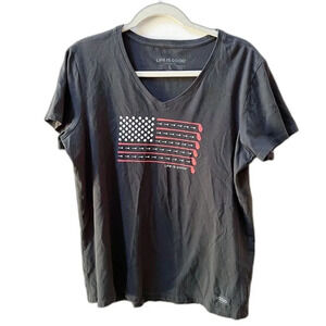 Life is Good Gray Top Women's Sz Large Golf T Shirt USA Flag V-Neck Casual